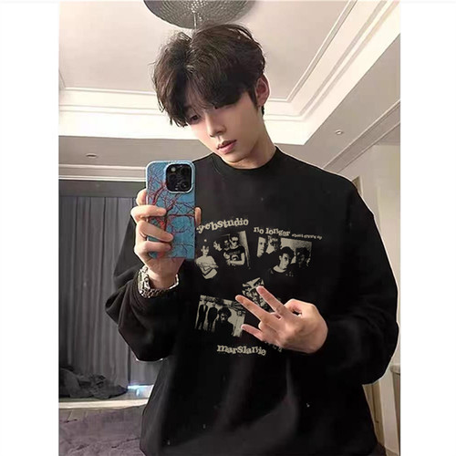 纯棉美式高街潮牌套头圆领卫衣男