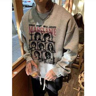 纯棉美式复古高街人物头像圆领卫衣男秋季宽松无帽潮流设计感上衣