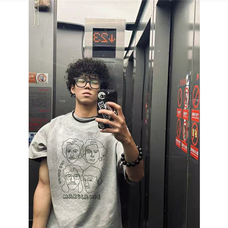 重磅纯棉美式复古人物头像短袖t恤男夏季宽松设计感小众潮流体恤