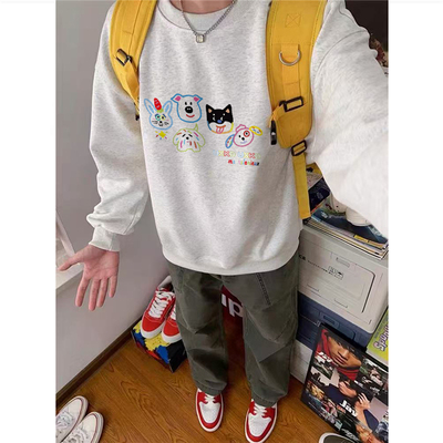 纯棉美式卡通套头无帽圆领卫衣男