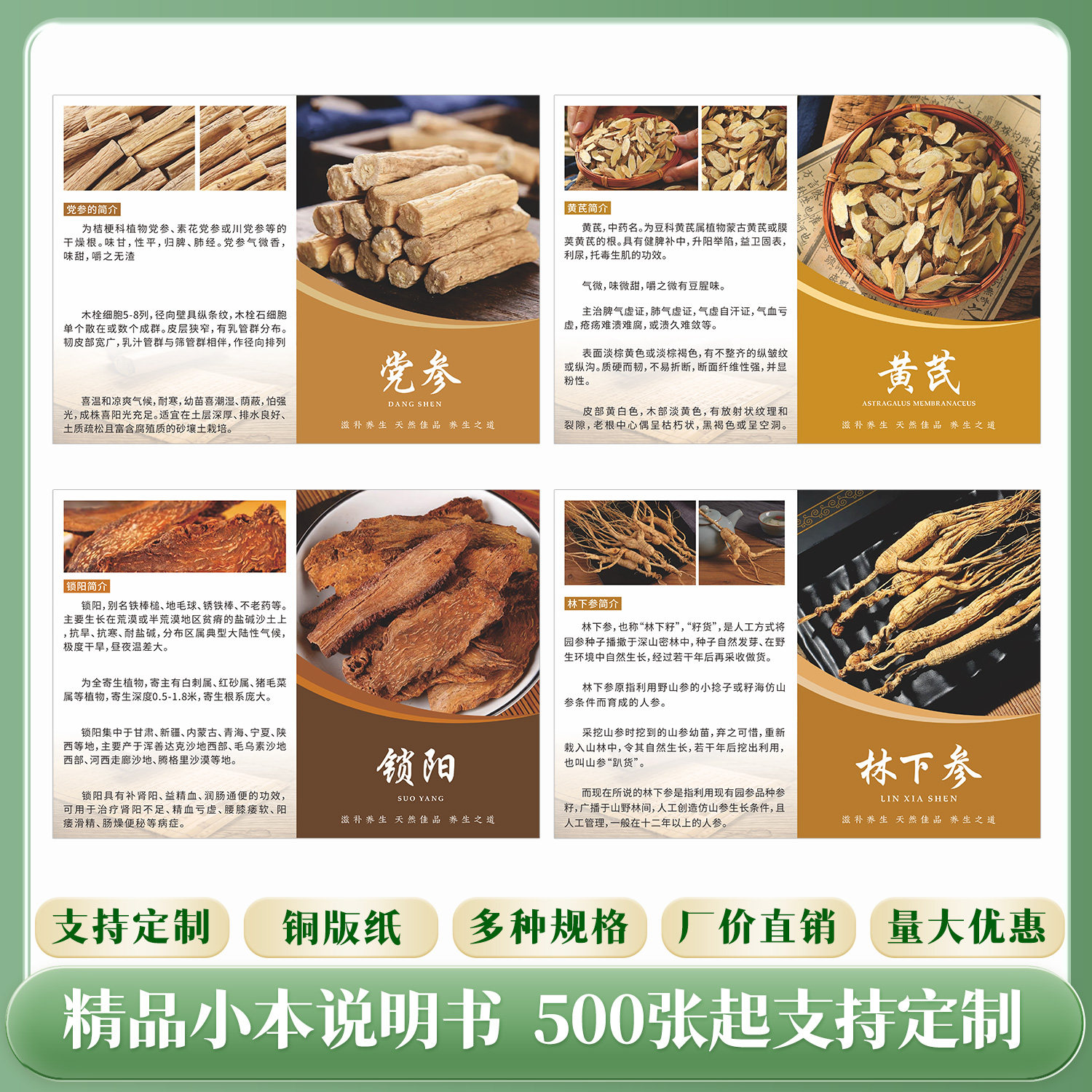 滋补简介小册子黄芪党参锁阳林下参说明书宣传册3折4页单页定做