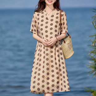 日本WUJE高级感天丝大波点短袖连衣裙女2025新款夏大码遮肚子显瘦