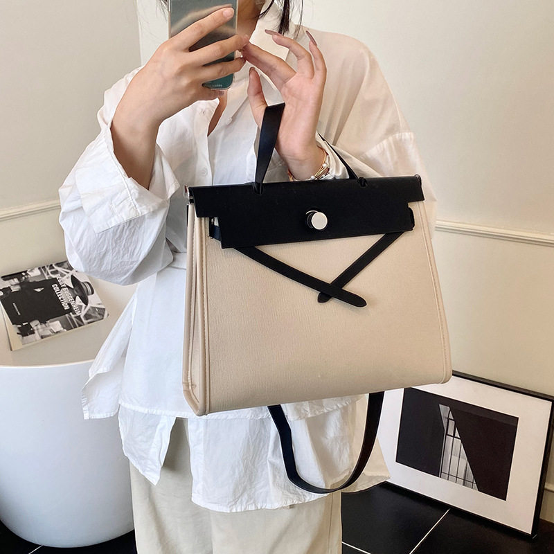 日本ぜいた跨境欧美帆布拼接凯莉包女士单肩包百搭高级感托特包斜