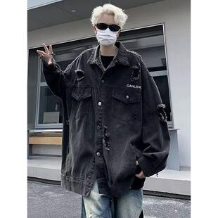 潮牌炸街破洞牛仔夹克男复古宽松上衣高街痞帅工装 日本WUJE秋冬季