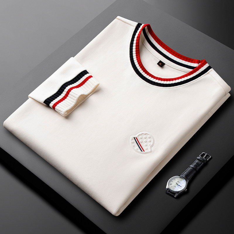 高级感潮流刺绣白色卫衣男秋季纯色圆领上衣男士修身保暖长袖T恤