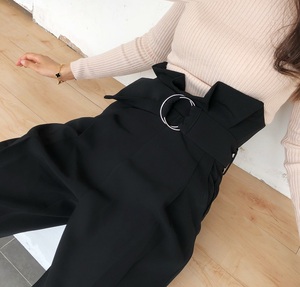 COCO2023新款自制高腰显瘦圆环扣黑色铅笔长裤女春季花苞裤烟管裤