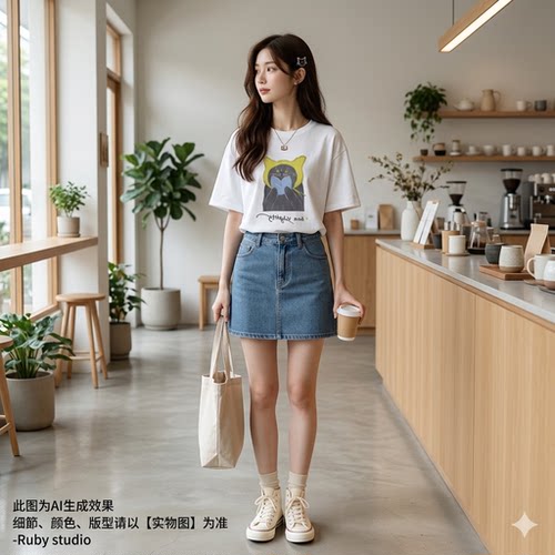 Ruby 韩版纯棉夏季新款减龄休闲猫咪印花短袖T恤女宽松显瘦上衣