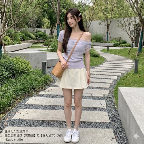 Ruby 纯欲风斜肩网纱拼接短袖针织衫女夏季新款褶皱收腰显瘦小个