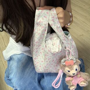 可爱碎花手提帆布包上班杂物小拎包夏天蕾丝包包女新款手腕包韩系
