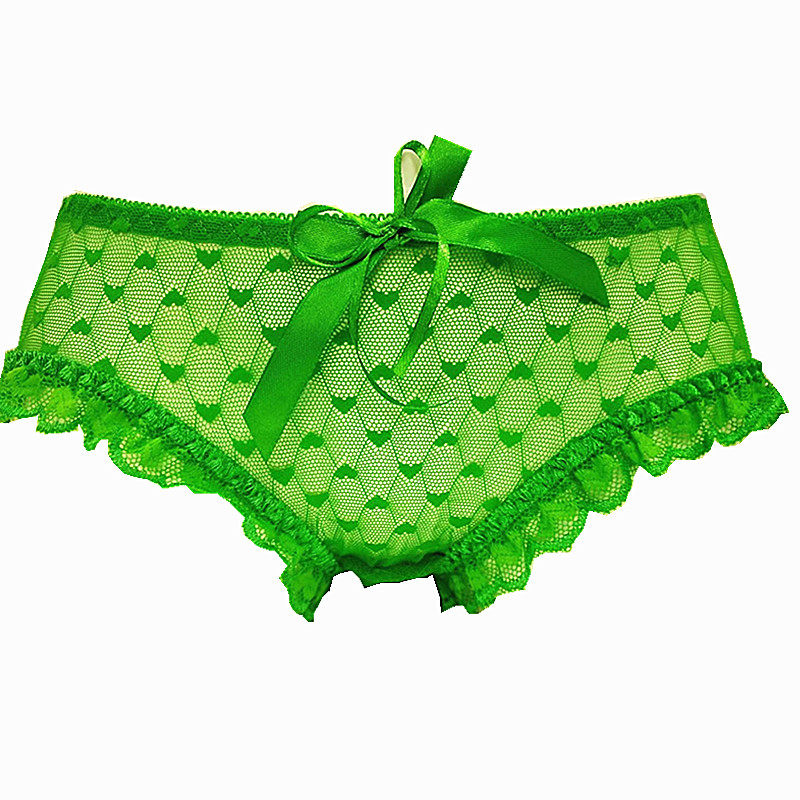 618大促黄绿网纱内裤低腰蝴蝶结本命年透气蕾丝俏女人裤衩