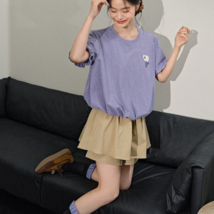 阔色紫色立体小花短袖 花苞圆领宽松正肩上衣 T恤女2025年夏季 新款