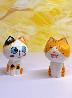 木雕可爱猫咪治愈系摆件