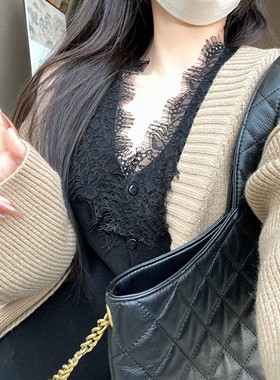 JAMAIS VU自制 含羊绒睫毛蕾丝氛围美人收腰长袖打底内搭上衣开衫