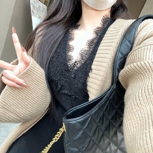 JAMAIS VU自制 含羊绒睫毛蕾丝氛围美人收腰长袖打底内搭上衣开衫