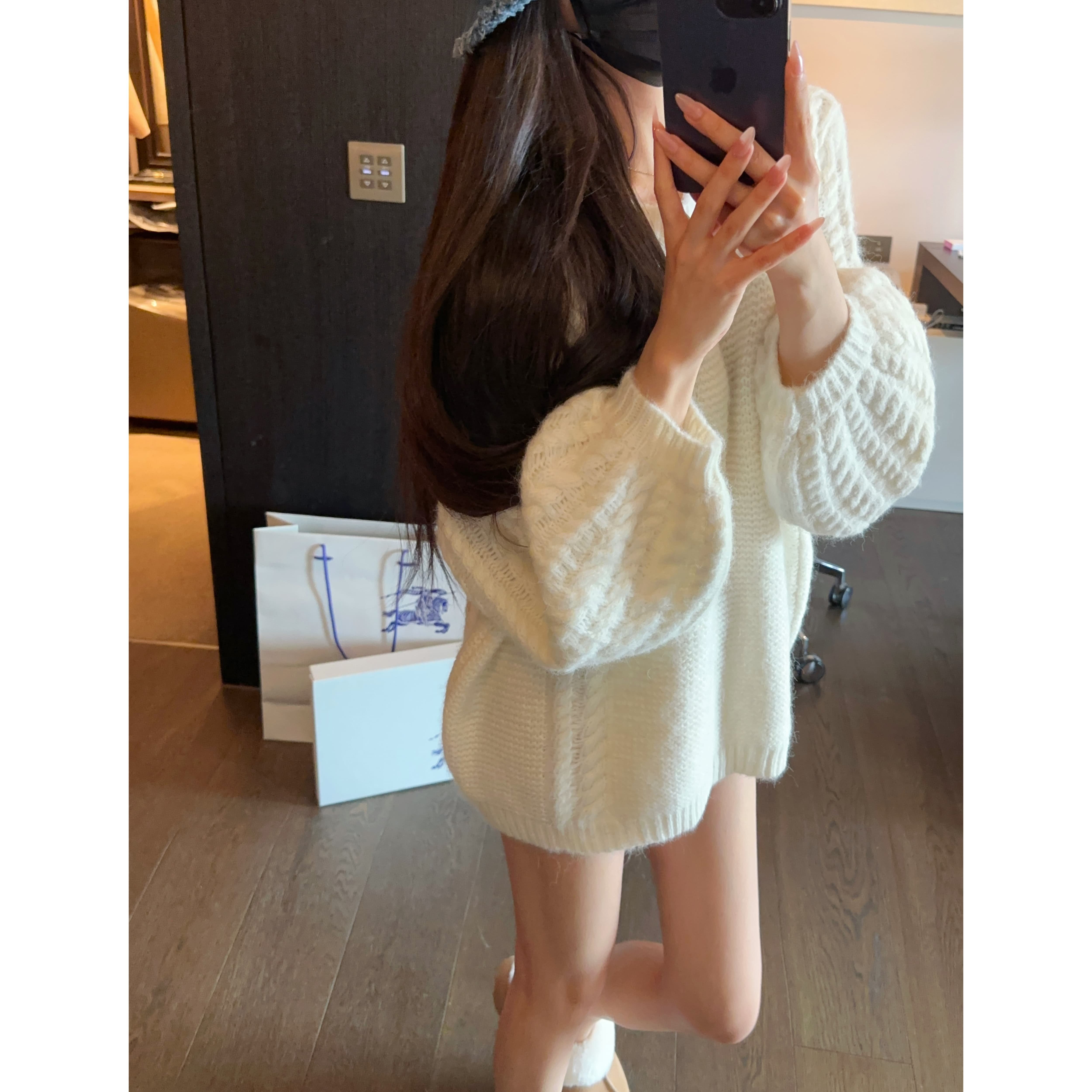 大袖筒18%羊毛毛衣上衣清纯圆领