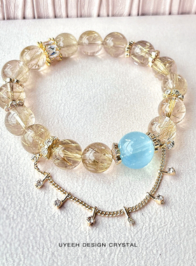 「金澜」高品质金发晶招才爆闪海蓝宝天然水晶14k金轻奢转运手串