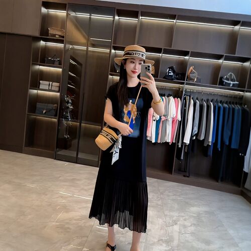 下摆百褶网纱拼接连衣裙女