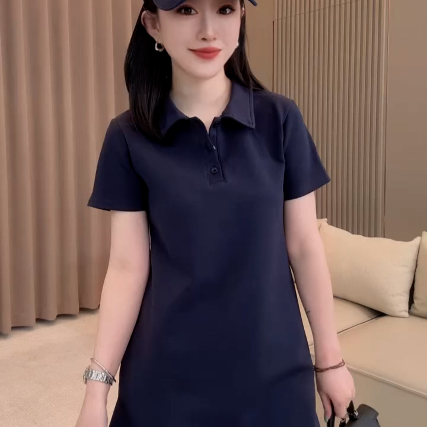 POLO领短袖T恤女中长款开叉上衣