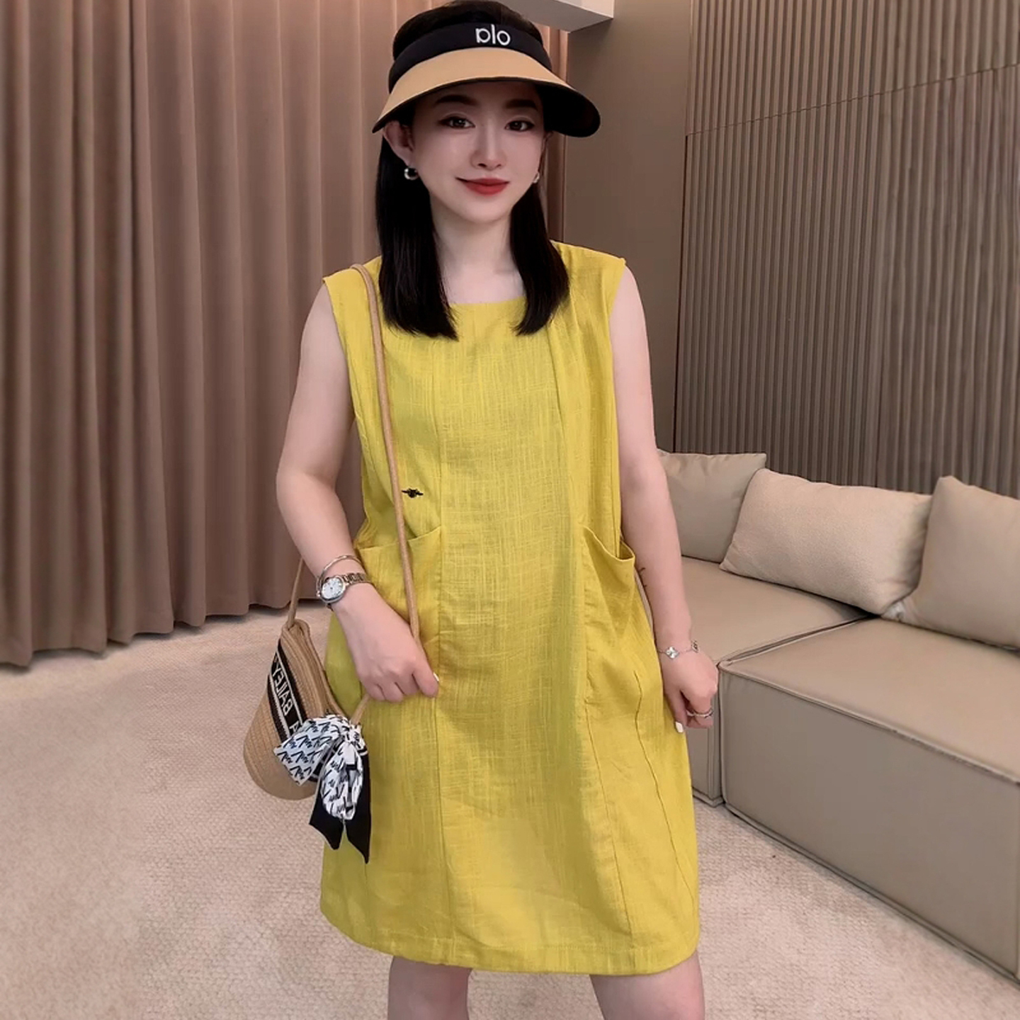 法式简约圆领无袖背心亚麻连衣裙