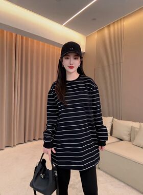 美式休闲条纹圆领套头卫衣女上衣