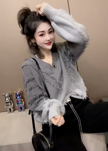 长袖 流苏渐变色晕染V领针织衫 毛衣宽松百搭上衣 新款 欧货2025冬季