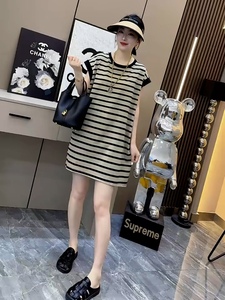 欧洲站美式拼色条纹短袖连衣裙女夏季宽松小个子休闲纯棉T恤裙子