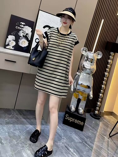 美式拼色条纹短袖连衣裙T恤裙子
