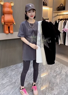 欧洲站夏季新款潮牌五角星烫钻纯棉短袖T恤女宽松中长款正肩上衣
