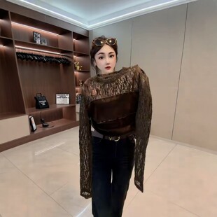 2026秋新款镂空蕾丝拼接吊带背心假两件t恤女修身打底衫丝绒上衣