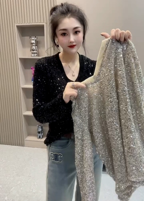 闪闪亮片双层内衬纯棉长袖T恤女