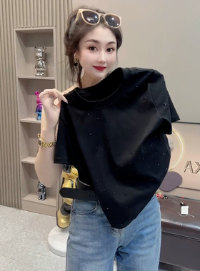 欧货2024夏装新款满钻重工烫钻纯棉短袖T恤女修身打底衫正肩上衣