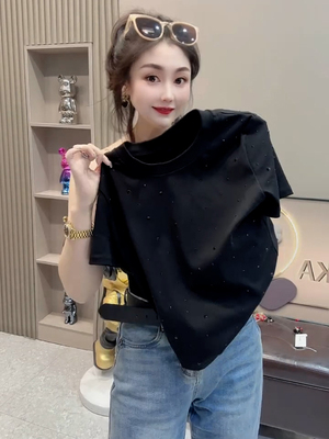 欧货满钻重工烫钻纯棉短袖T恤女