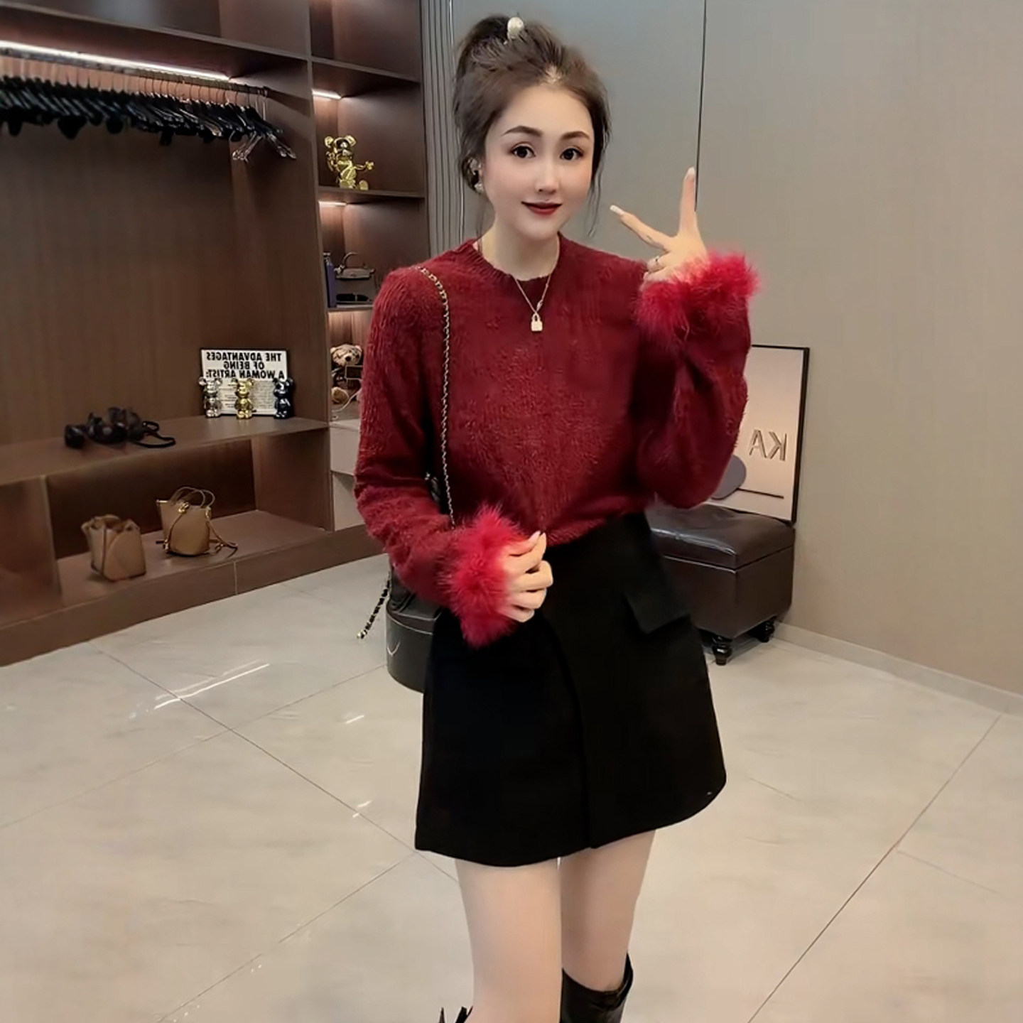 韩版温柔风毛毛袖加厚圆领针织衫