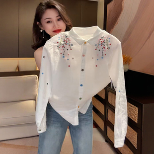 韩版2026春装新款刺绣碎花衬衫女长袖翻领白色衬衣通勤风百搭上衣