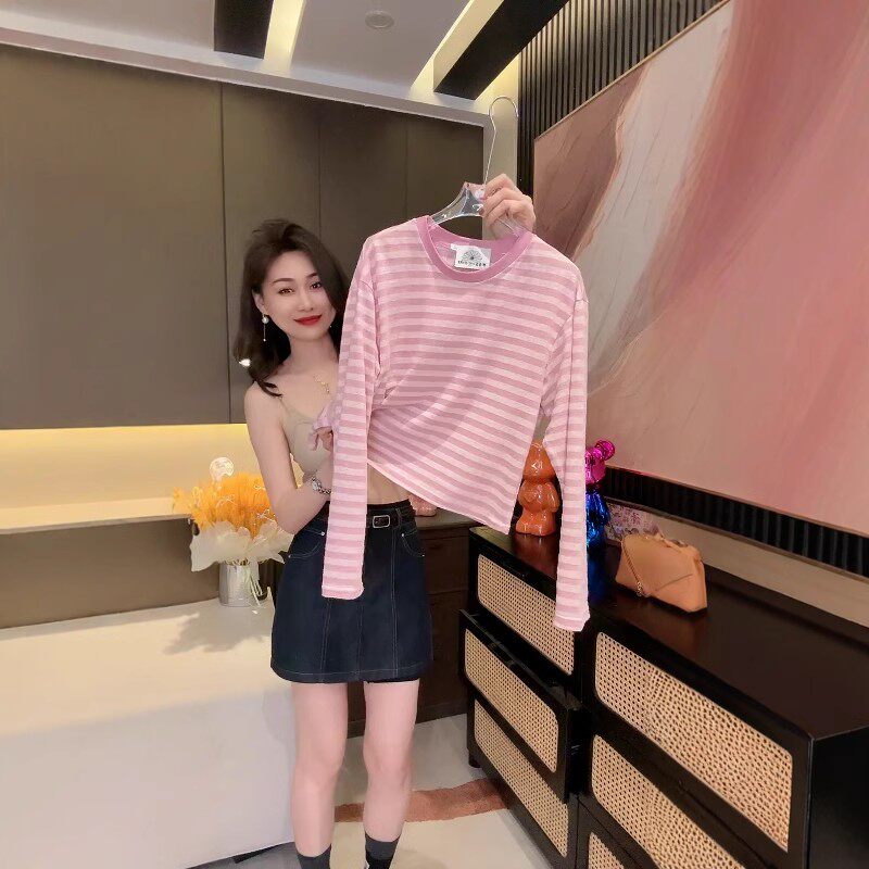 欧货2025夏季款粉色条纹长袖T恤女薄款宽松圆领冰丝防晒罩衫上衣
