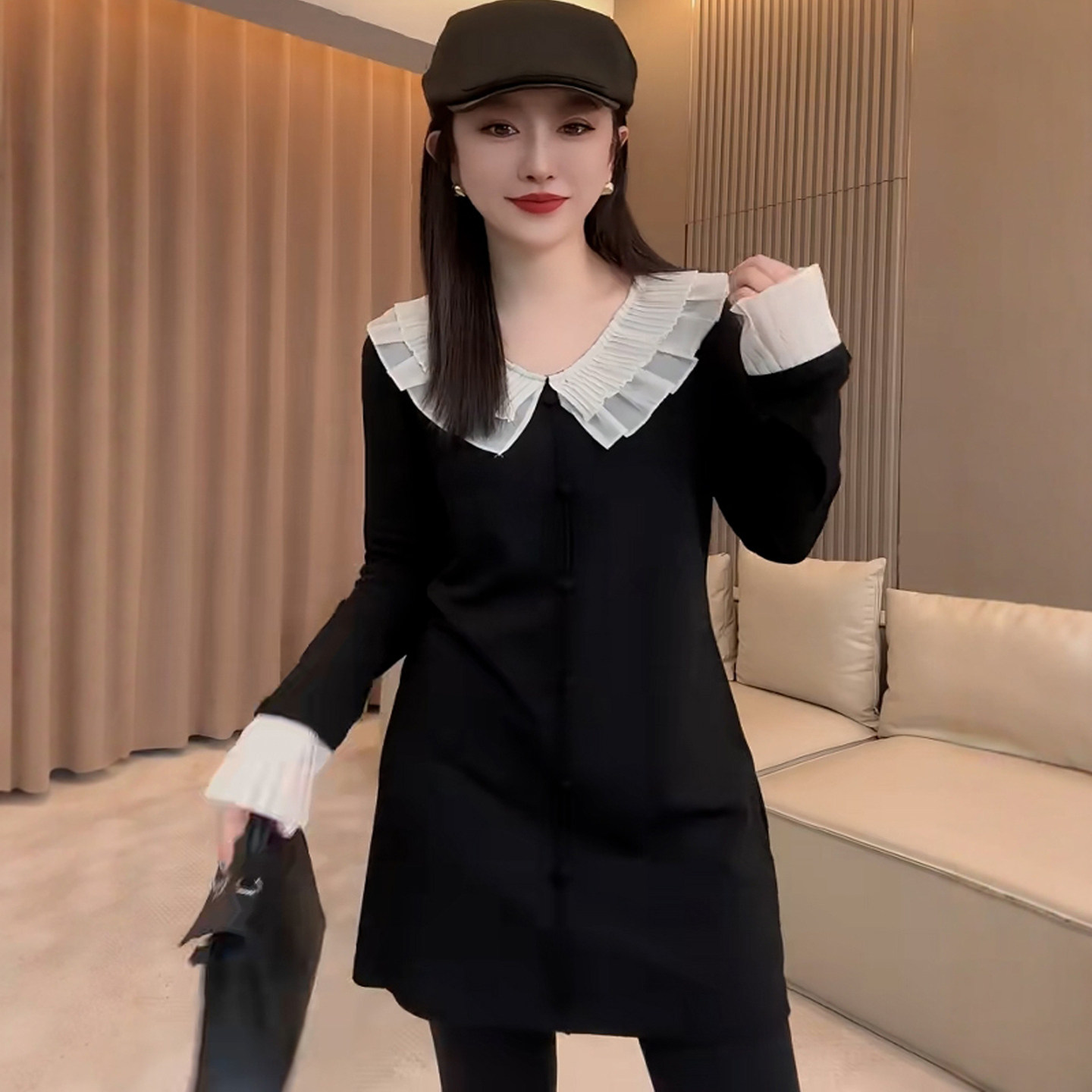 法式荷叶边撞色娃娃领连衣裙女