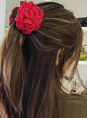 花朵抓夹红色玫瑰花发夹女发抓后脑勺鲨鱼夹发卡旅游度假夏季头饰