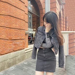 2021年修身 牛仔夹克女 水洗做旧欧美复古短外套烟灰色高腰百搭短款