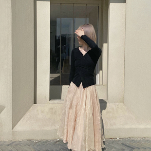 2021秋冬新款韩风修身黑色针织打底衫上衣设计感交叉长袖内搭女