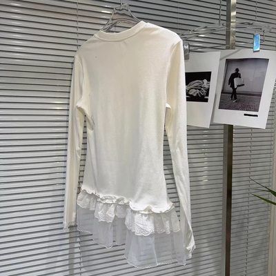 95棉蕾丝花边长袖内搭打底衫女春秋大码修身t恤秋冬拼接下摆上衣