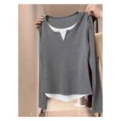 打底衫 女春秋季 2026新款 95棉假两件长袖 大码 胖mmT恤内搭正肩上衣