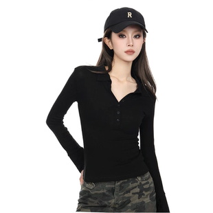 95棉POLO领长袖打底衫女春秋季新款大码胖mm修身内搭正肩T恤上衣