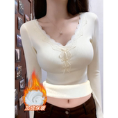 蕾丝加绒加厚长袖 打底衫 女大码 秋冬新款 修身 内搭德绒保暖T恤上衣