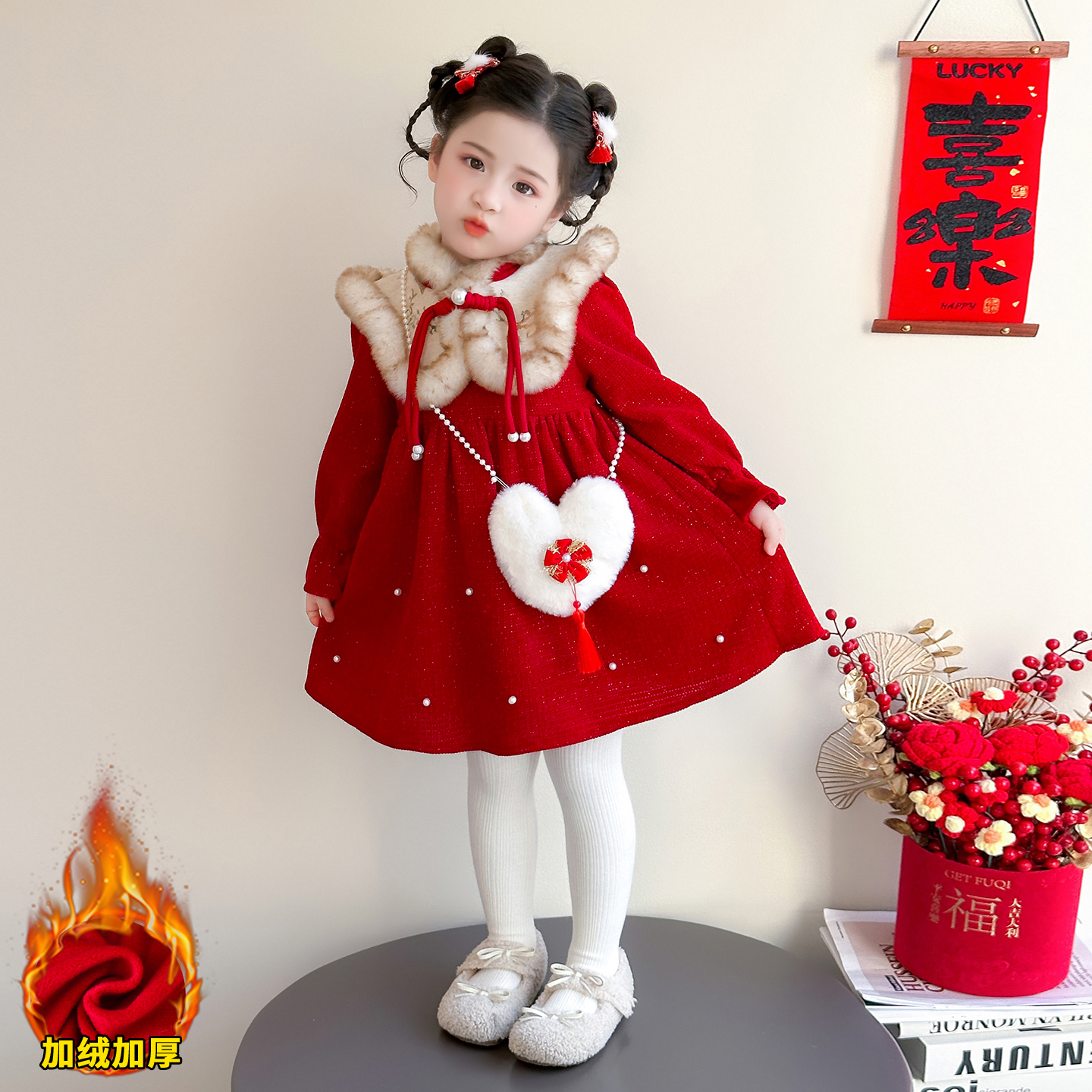 女童红色旗袍连衣裙加绒加厚国风