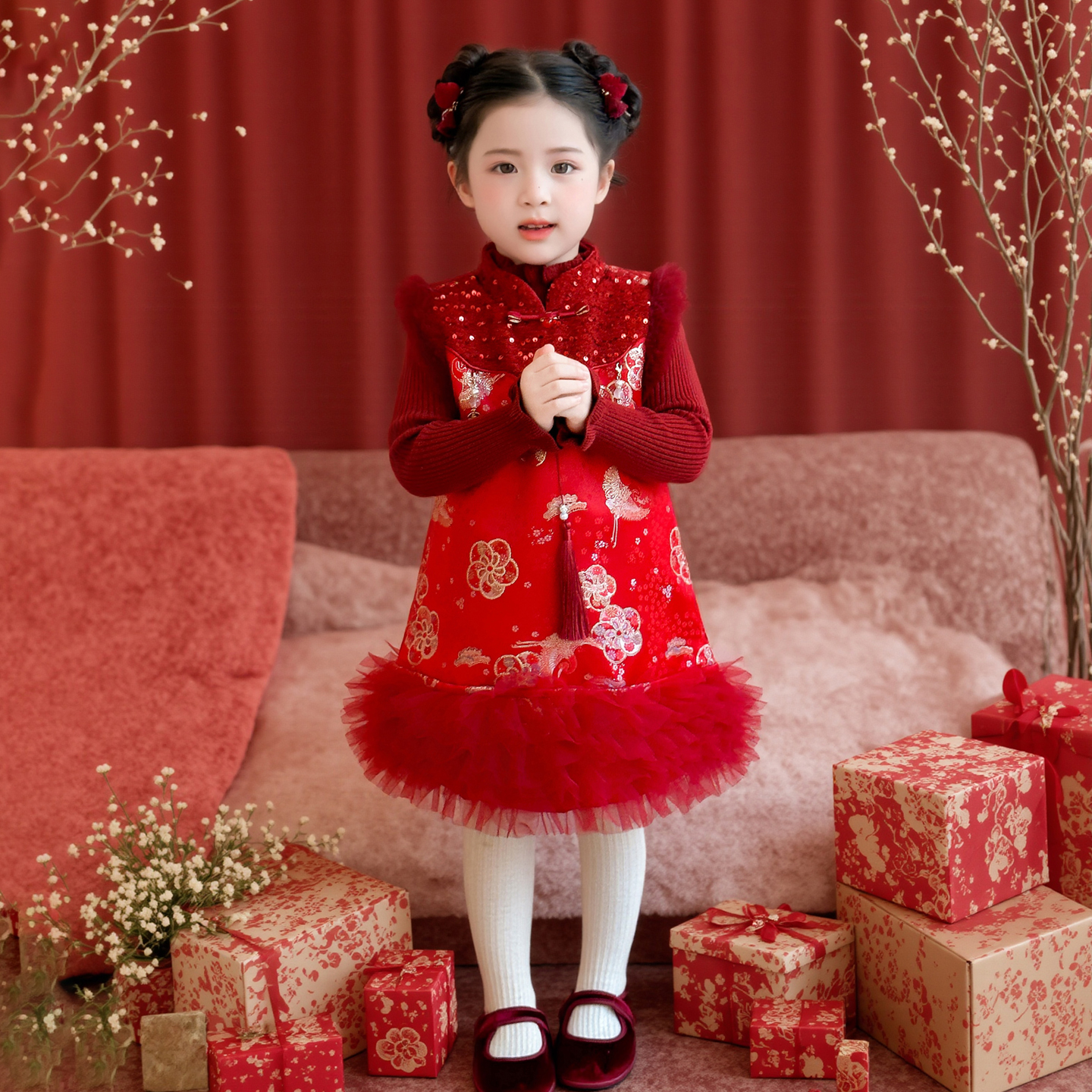 女童旗袍连衣裙冬季夹棉加厚国风