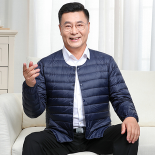 短款 爸爸装 无领保暖外套冬 内胆羽绒服男加肥大码 中老年圆领轻薄款
