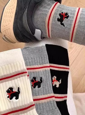 AB面不对称白色袜子女ins潮中筒袜可爱小狗提花学院风网红长筒袜