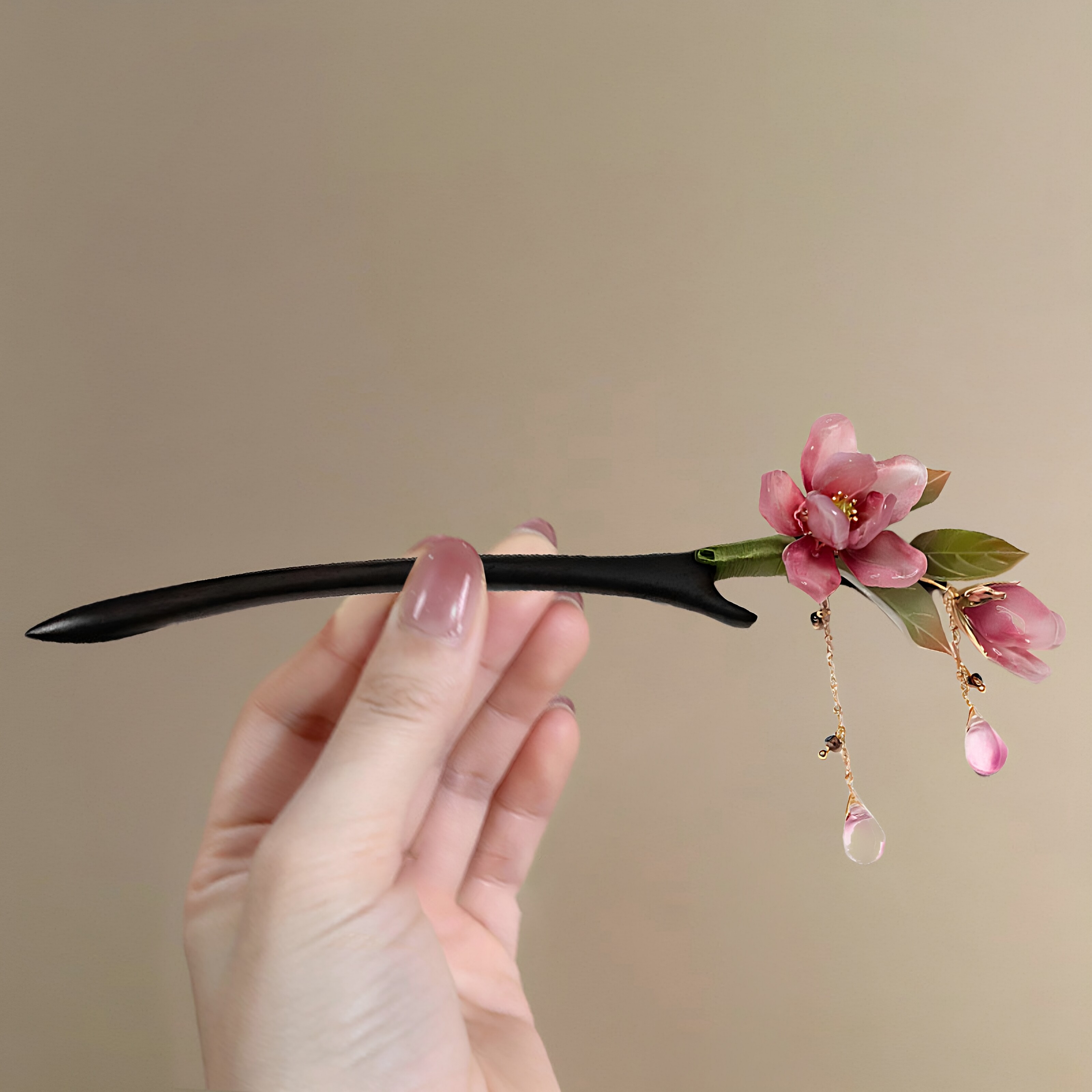桃花簪木质发簪古风花戎流苏新中式盘发发饰头饰木簪子菡萏簪子