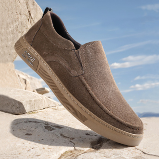 便捷套脚中老年爸爸休闲鞋反绒猪皮防水轻便软底防滑板鞋春季男鞋