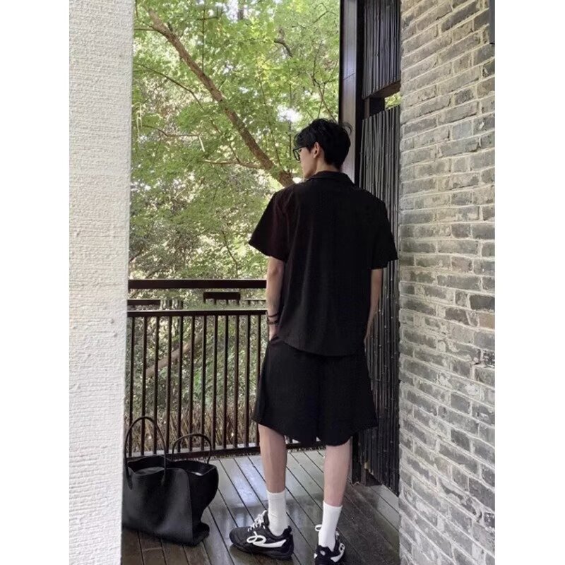 老钱风亚麻套装男夏季V领短袖衬衫垂感休闲短裤一套搭配帅气男装,男装休闲套装,星座205-3